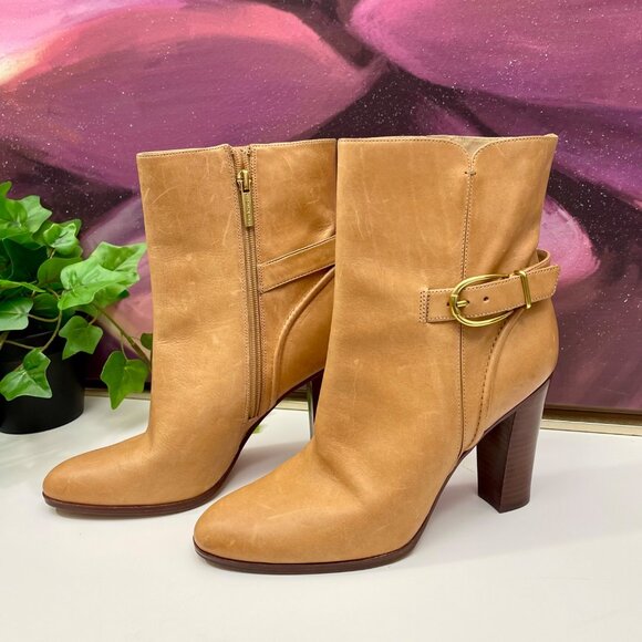 Veronica Beard Viv Booties Natural Leather Upper Ankle Heeled Buckle Boots 9.5 - Picture 2 of 16
